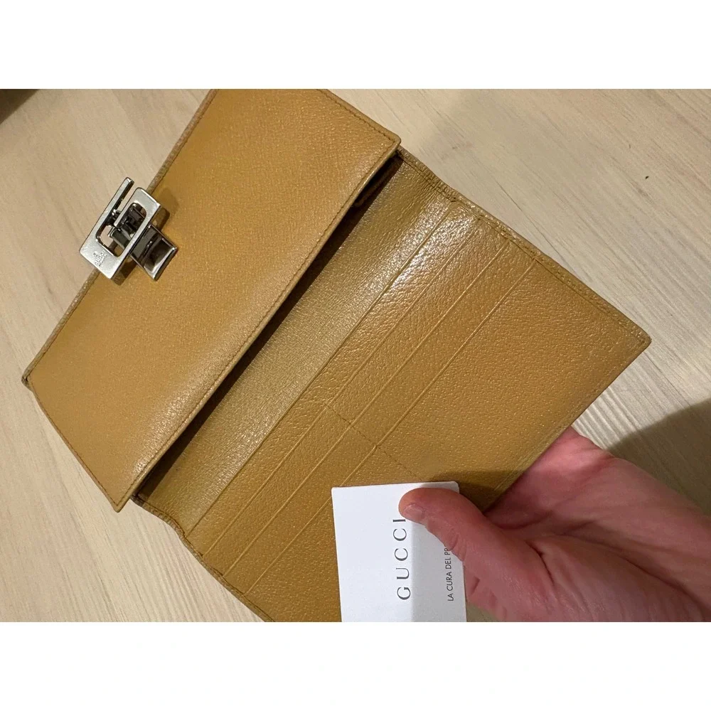 Gucci Mustard Yellow Pebbled Leather Bifold‎ Long Wallet Gold GG Logo